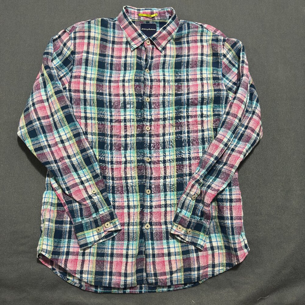Tommy Bahama Shirt Mens L Plaid Pink Blue Button Down 100% Linen Long Sleeve